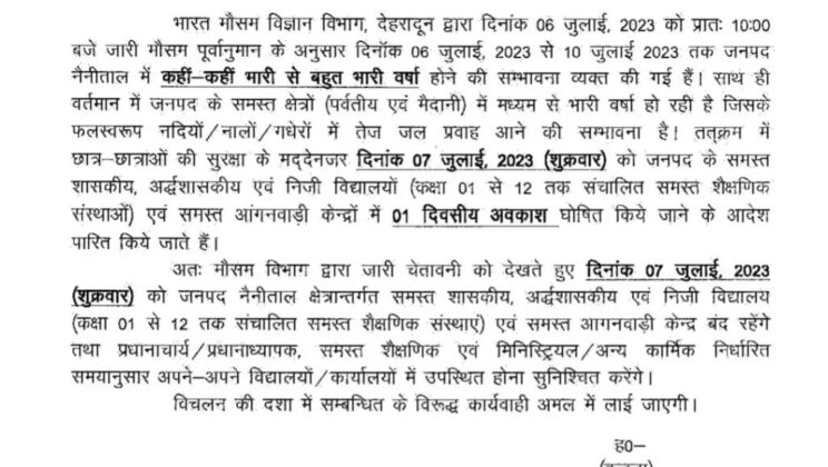 भारी बारिश को लेकर अलर्ट पर प्रशासन, इस जिले में कल बंद रहेंगे सभी स्कूल